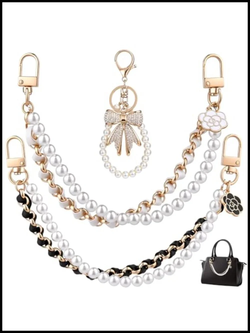 4-Piece Purse Charm Set - Pearl Chains, Rhinestone Bow, Gold-Tone Bag Chain